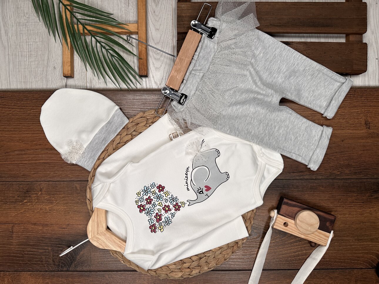 Pamuklu  Fil Desenli 3lü  Kız Bebek Takım