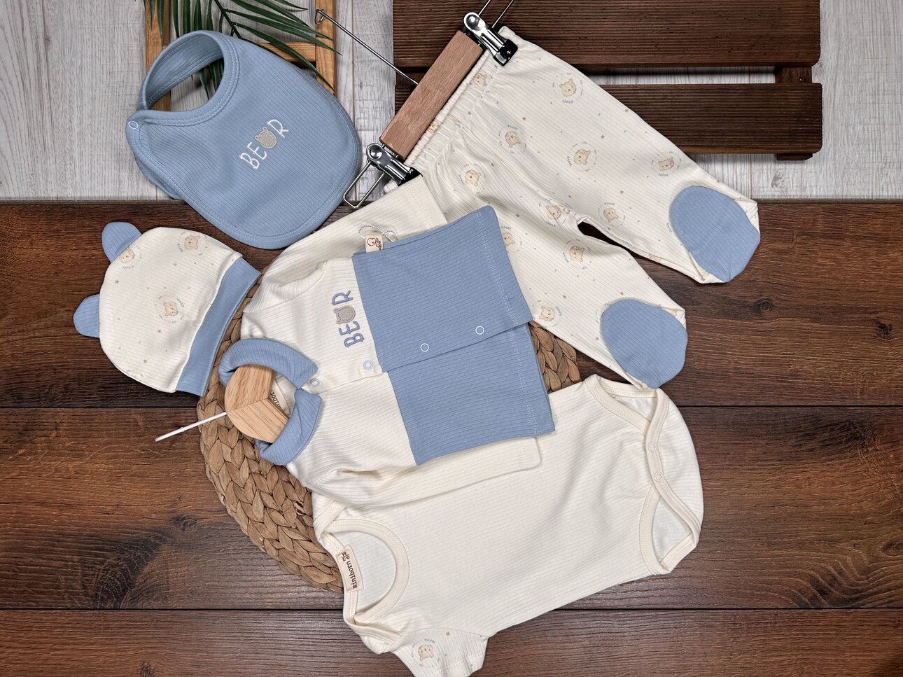 Pamuklu Ayıcık Desenli Zıbınlı 5li Erkek Bebek Hastane Çıkışı