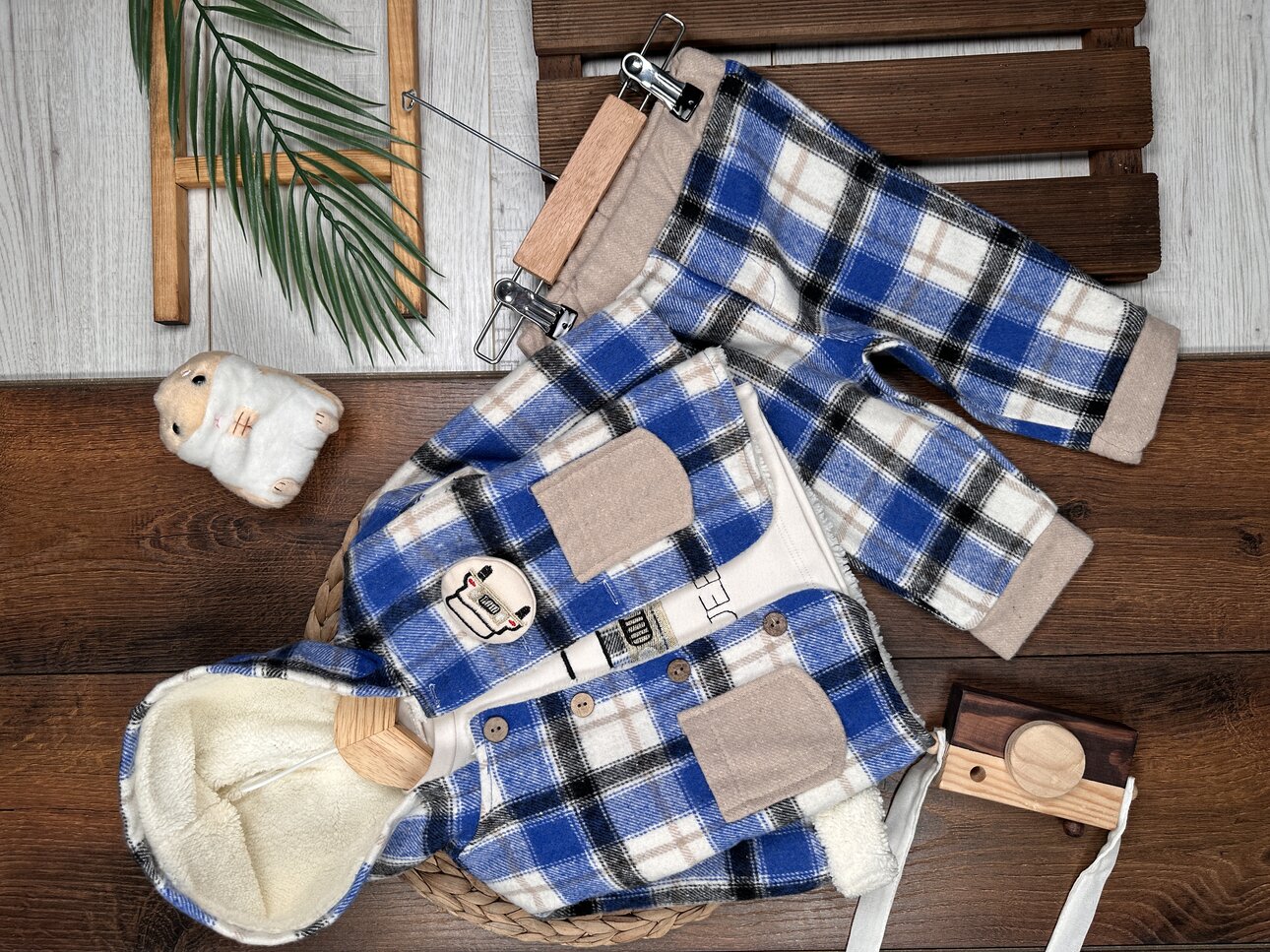 Pamuklu Ekose Detaylı 3lü Erkek Bebek Takım