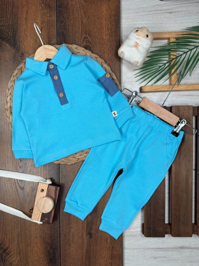 Pamuklu  Düğme Detaylı 2li Erkek Bebek Takım