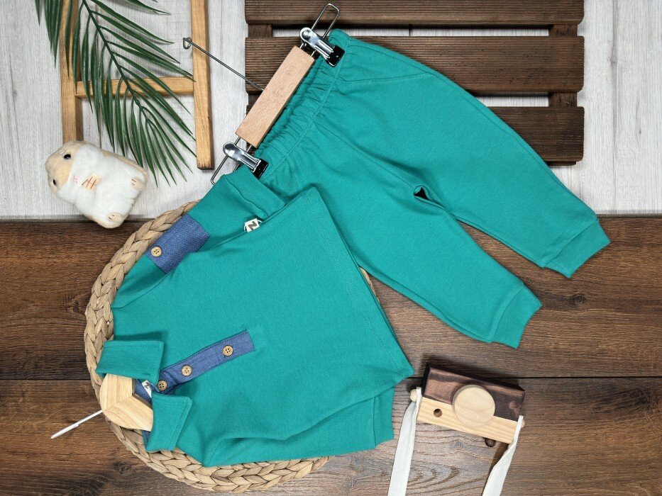 Pamuklu  Düğme Detaylı 2li Erkek Bebek Takım