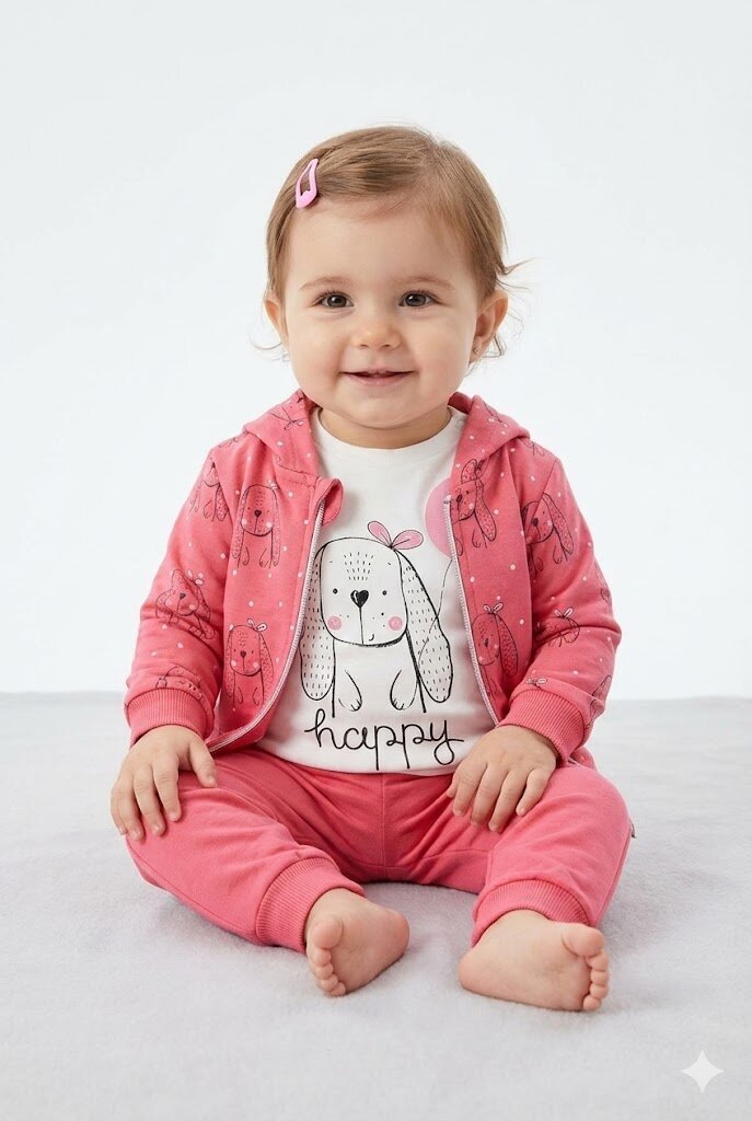 Pamuklu Hırkalı Fermuar Detaylı 3lu Kız Bebek Takım