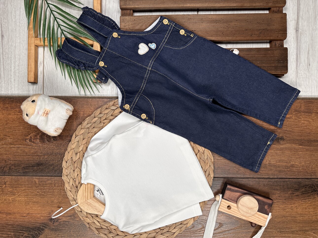 Pamuklu Kalp Detaylı Tulum  2li Kız Bebek Takım