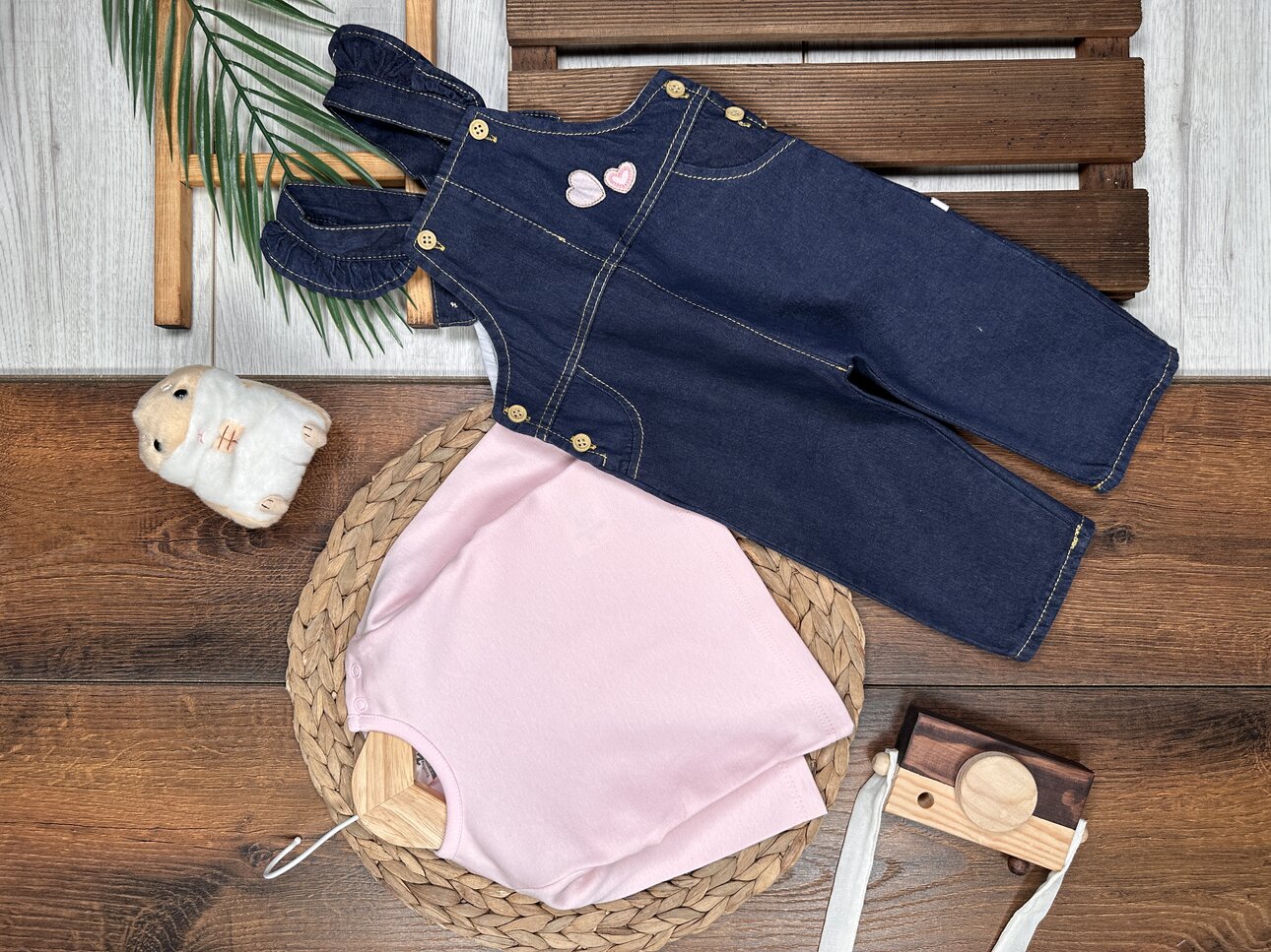 Pamuklu Kalp Detaylı Tulum  2li Kız Bebek Takım