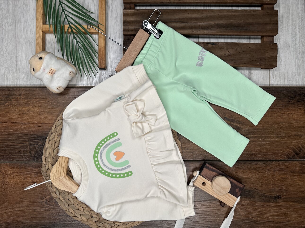 Pamuklu  Gökkuşağı Detaylı 2li  Kız Bebek Takım