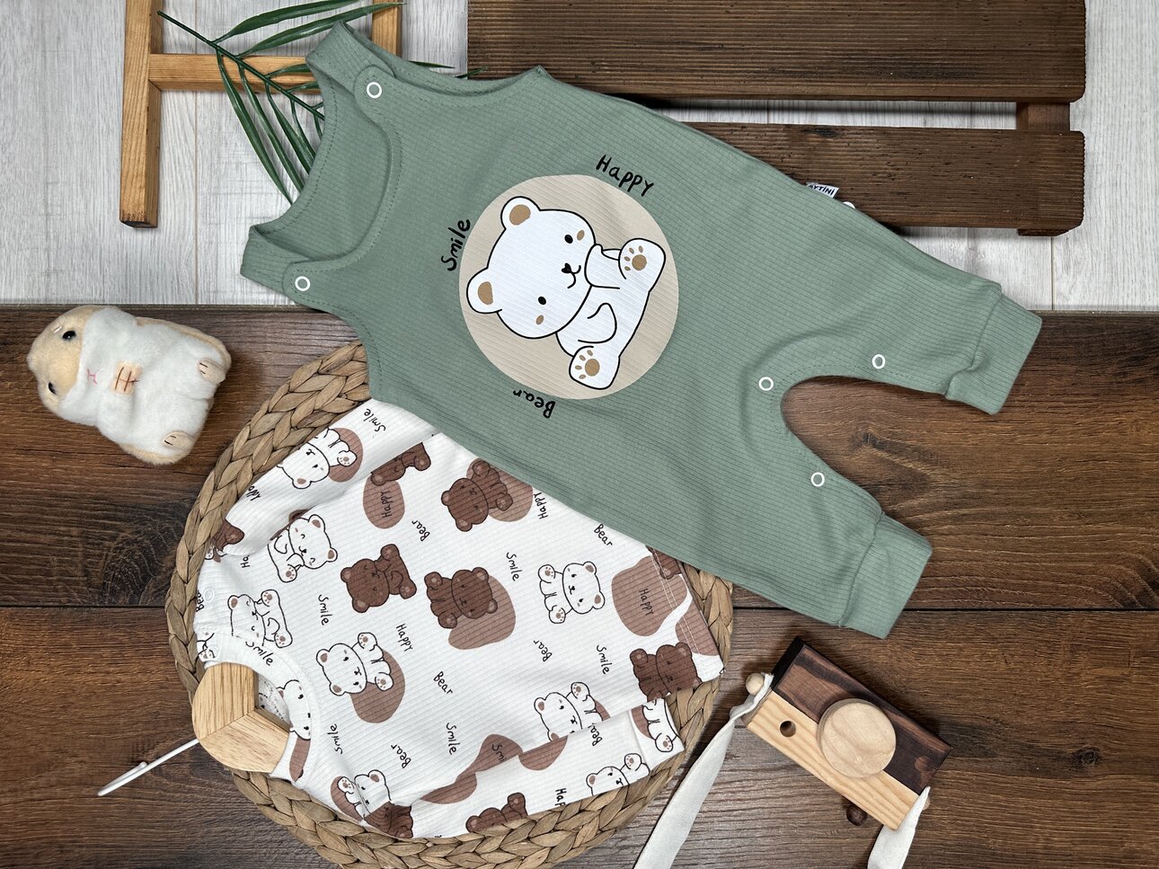 Pamuklu Ayıcık Detaylı 2li Tulum Erkek Bebek Takım