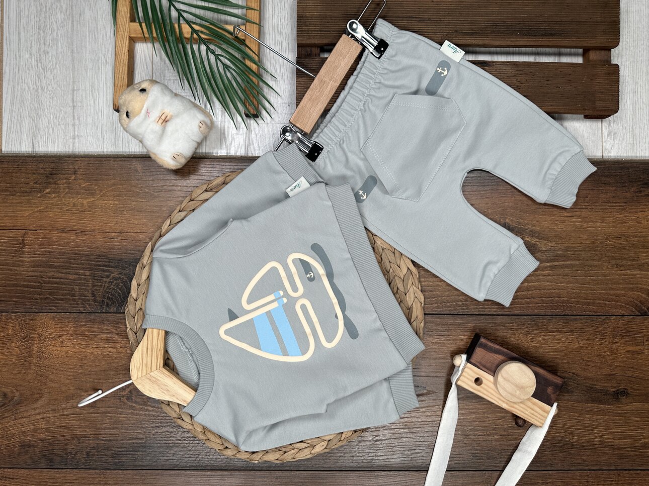 Pamuklu Yelken Detaylı Kanguru Cepli 2li Erkek Bebek Takım