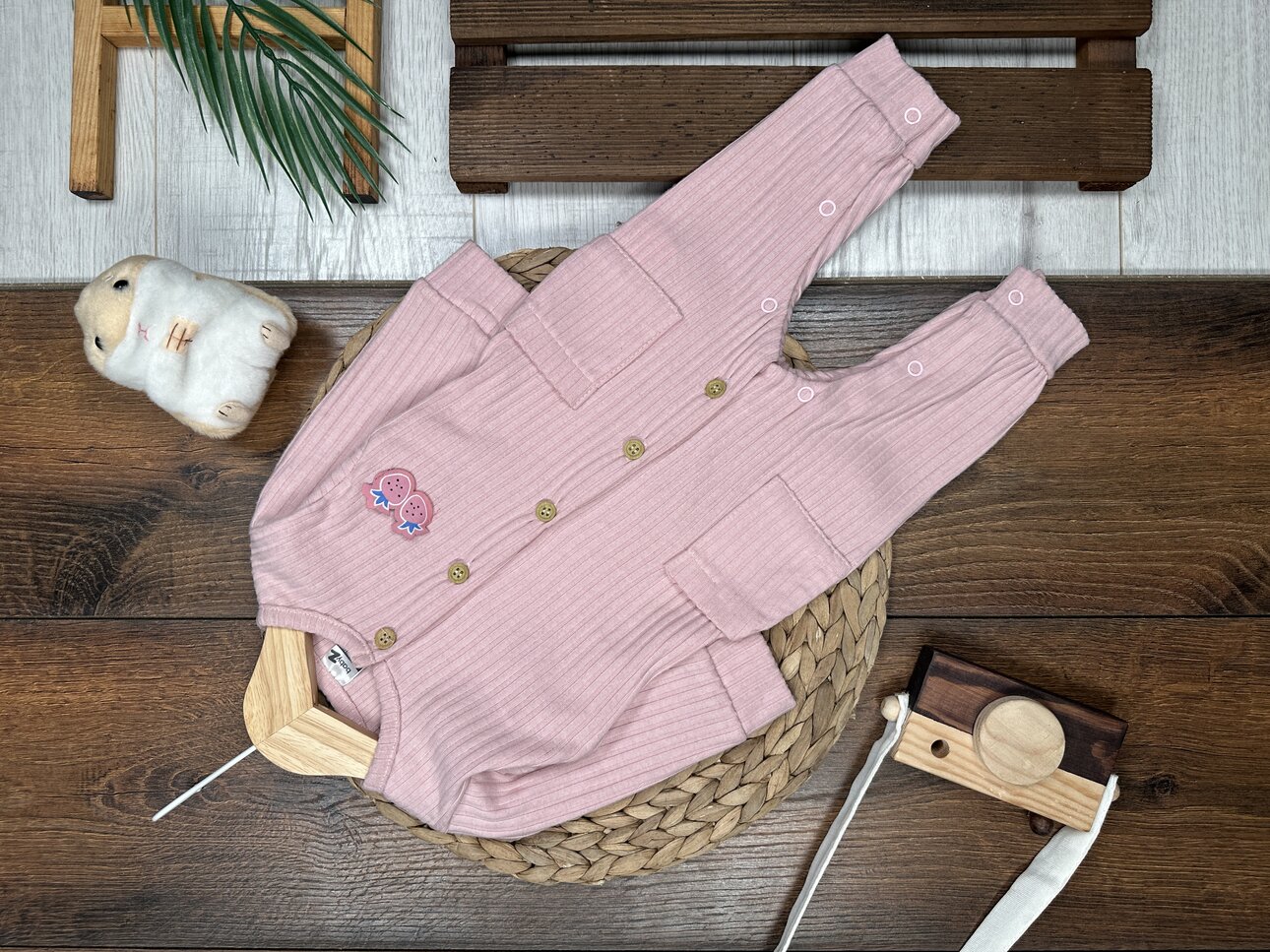 Pamuklu Düğme Detaylı Fitilli Tulum Kız Bebek Takım