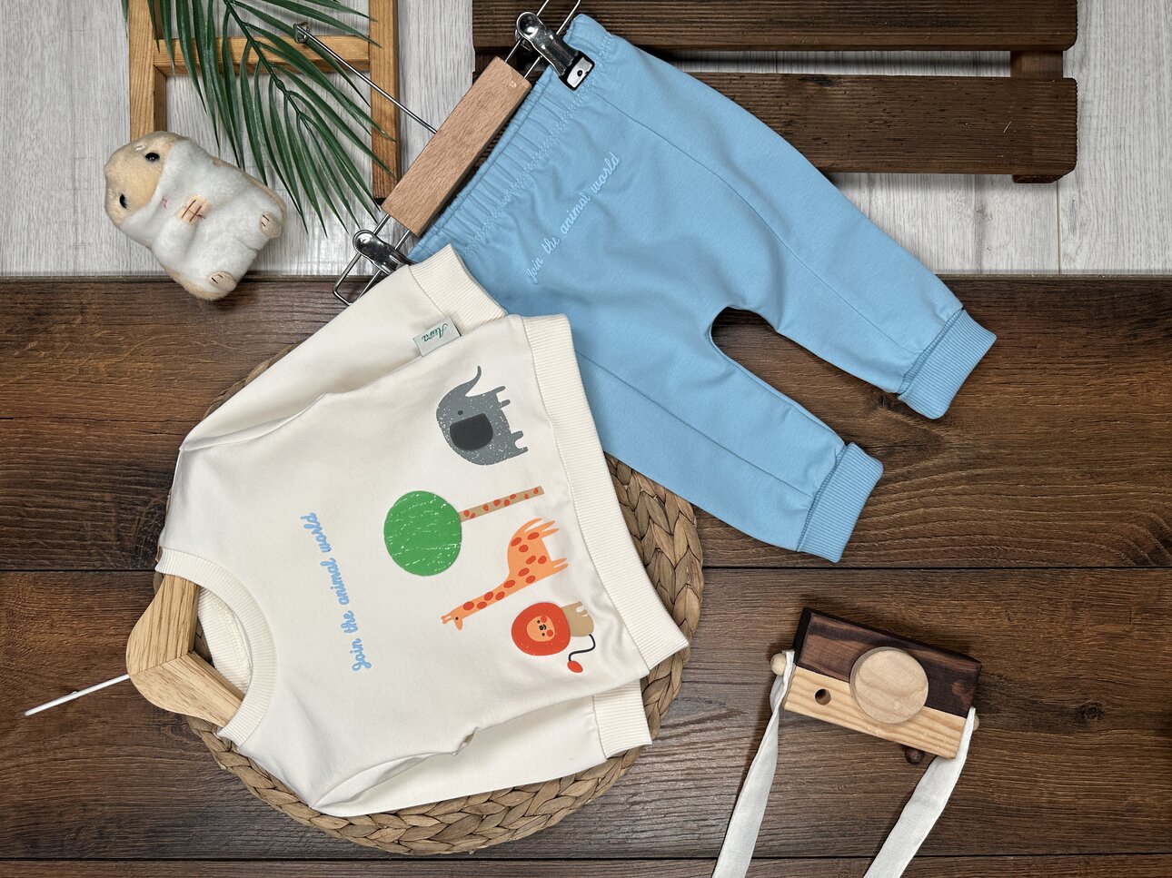 Pamuklu Zürafa Detaylı 2li Erkek Bebek Takım