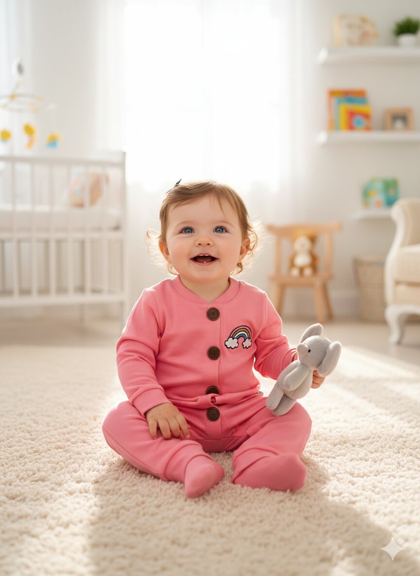 Pamuklu Düğmeli  Gökkuşağı Detaylı Tulum Kız Bebek Takım