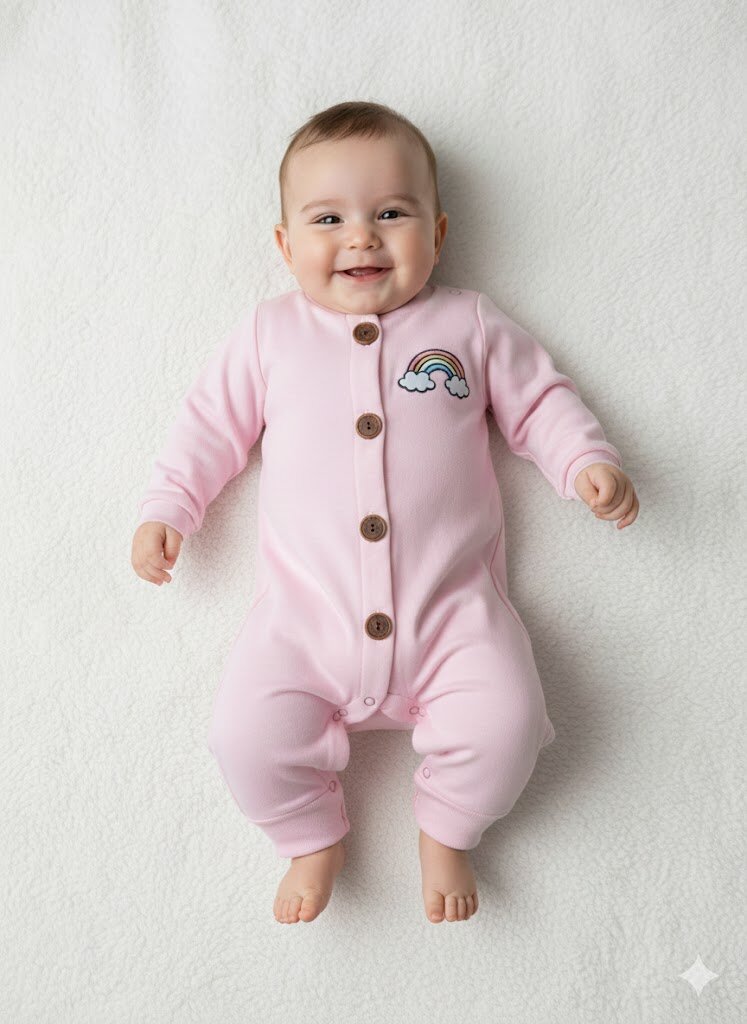 Pamuklu Düğmeli  Gökkuşağı Detaylı Tulum Kız Bebek Takım