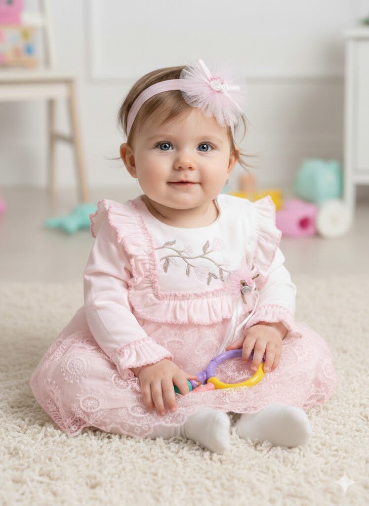 Pamuklu Çiçek Nakışlı  Bandanalı 2li Kız Bebek Elbise