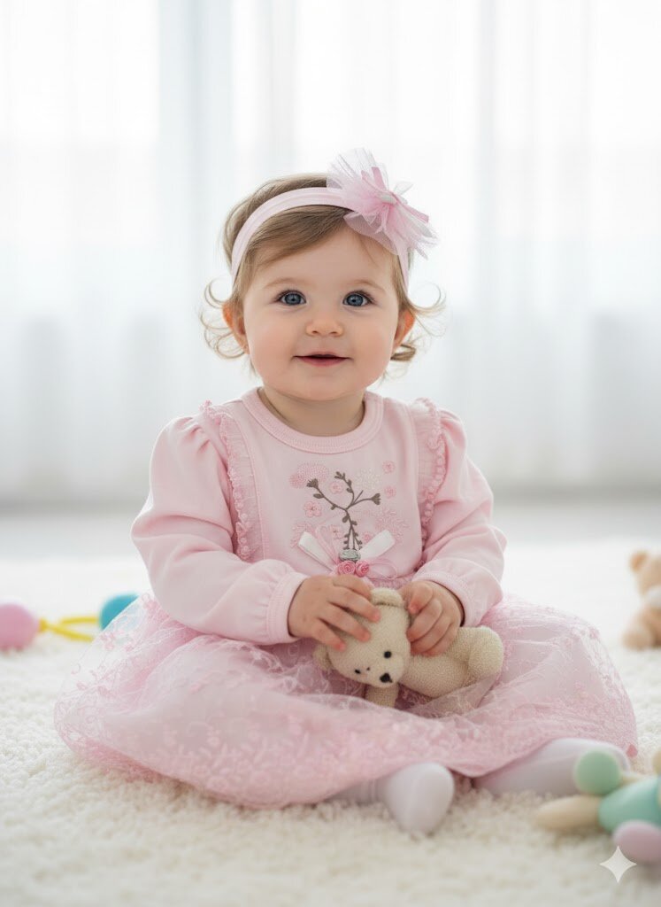 Pamuklu Çiçek Nakışlı  Bandanalı 2li  Kız Bebek Elbise