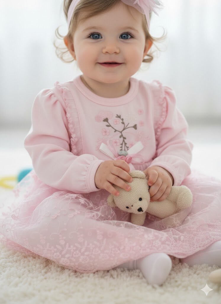 Pamuklu Çiçek Nakışlı  Bandanalı Mevlütlük 2li  Kız Bebek Elbise - Detay Görseli 3