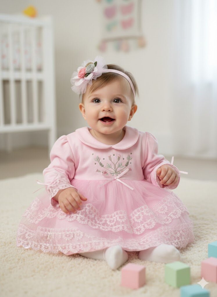 Pamuklu Çiçek Nakışlı  Bandanalı 2li Kız Bebek Elbise