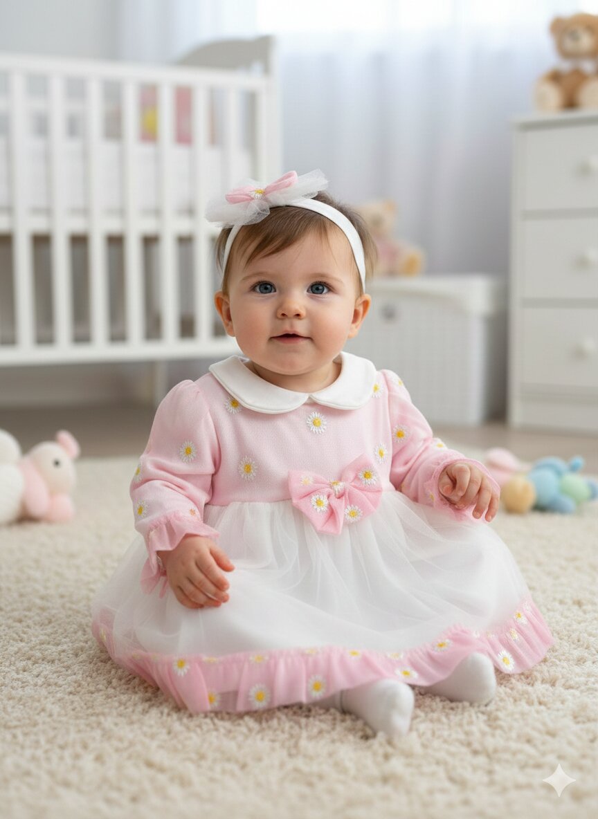 Pamuklu Papatya Detaylı Bandanalı  2li Kız Bebek Elbise