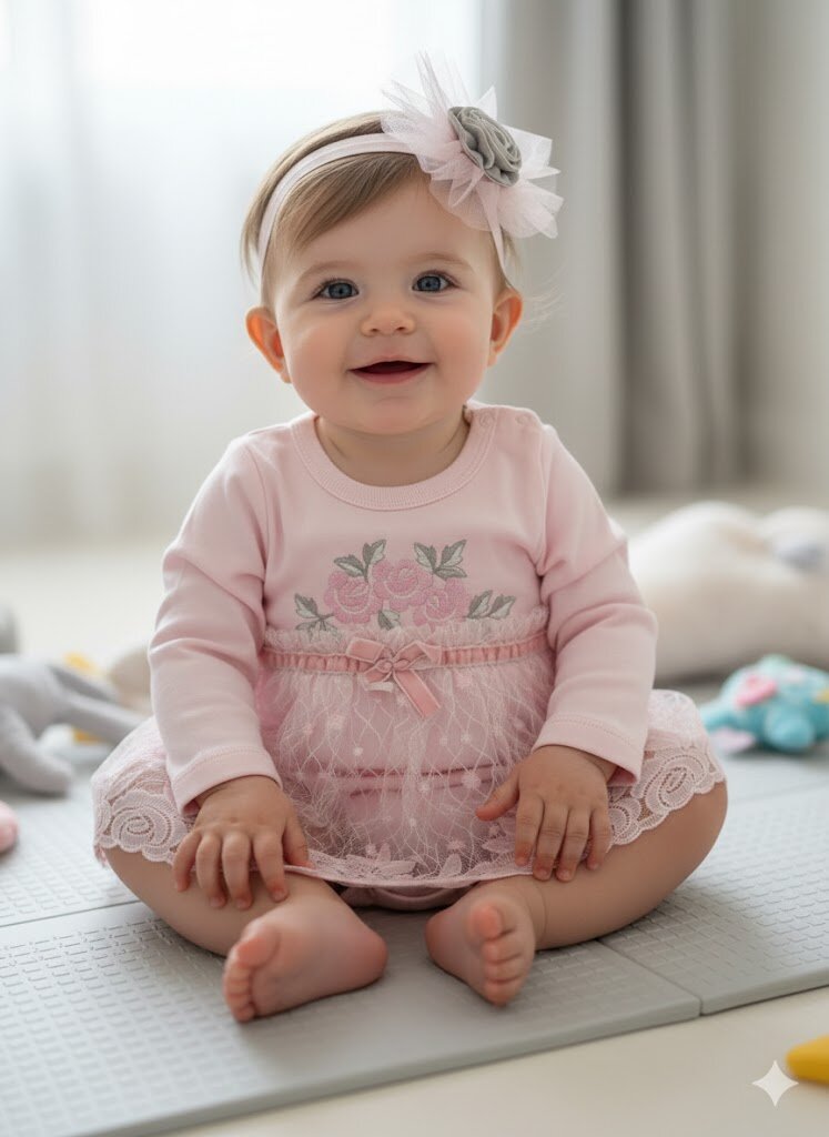 Pamuklu Çiçek Nakışlı  Bandanalı Kız Bebek Elbise