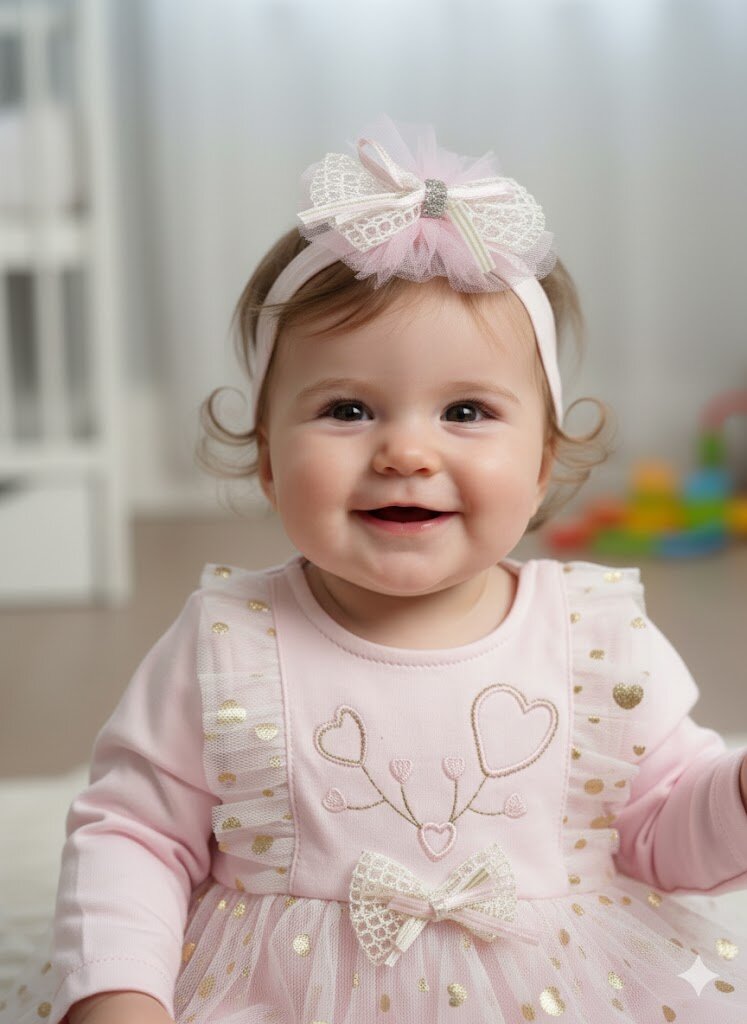 Pamuklu Tül Detaylı Bandanalı 2li  Kız Bebek Elbise - Detay Görseli 5