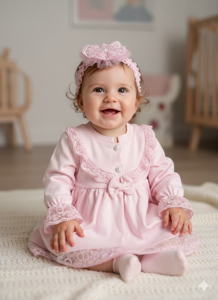 Pamuklu Dantel Detaylı Bandanalı  2li Kız bebek Elbise