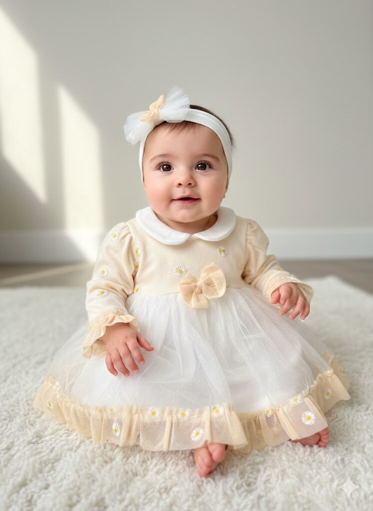 Pamuklu Papatya Detaylı Bandanalı 2li  Kız Bebek Elbise