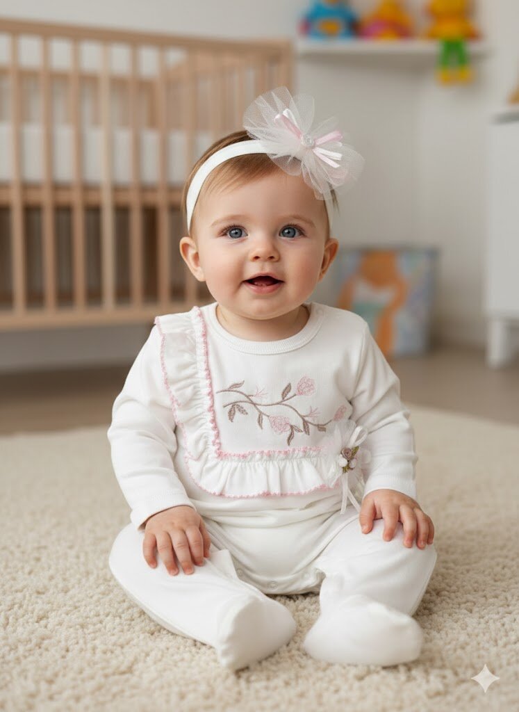 Pamuklu Çiçek Nakışlı Bandanalı 2li Kız Bebek Tulum