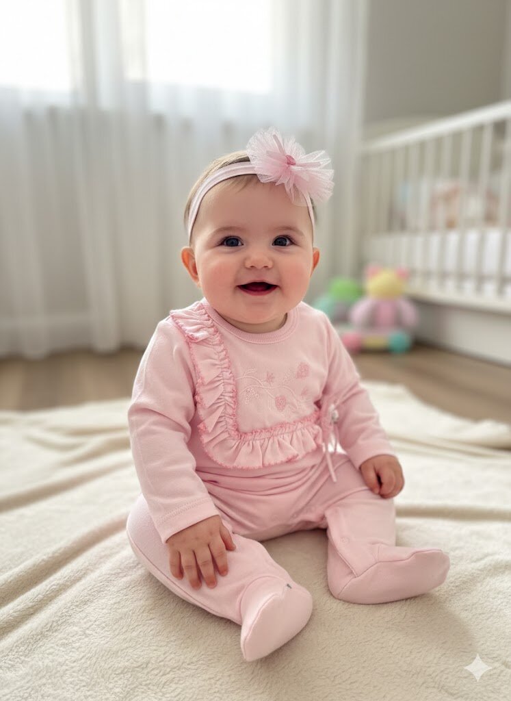 Pamuklu Çiçek Nakışlı Bandanalı 2li Kız Bebek Tulum