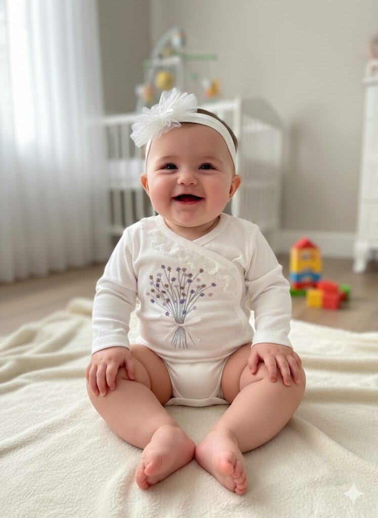 Pamuklu Çiçek İşlemeli Kız Bebek Zıbın 2li Takım