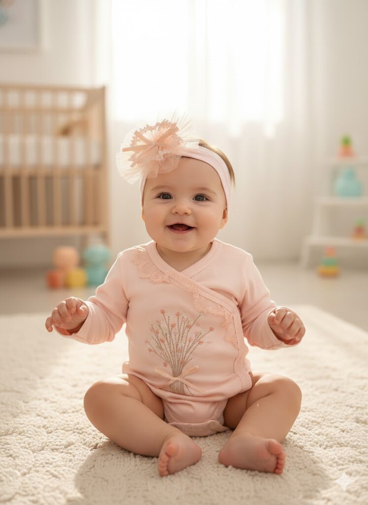 Pamuklu Çiçek İşlemeli Kız Bebek Zıbın 2li Takım