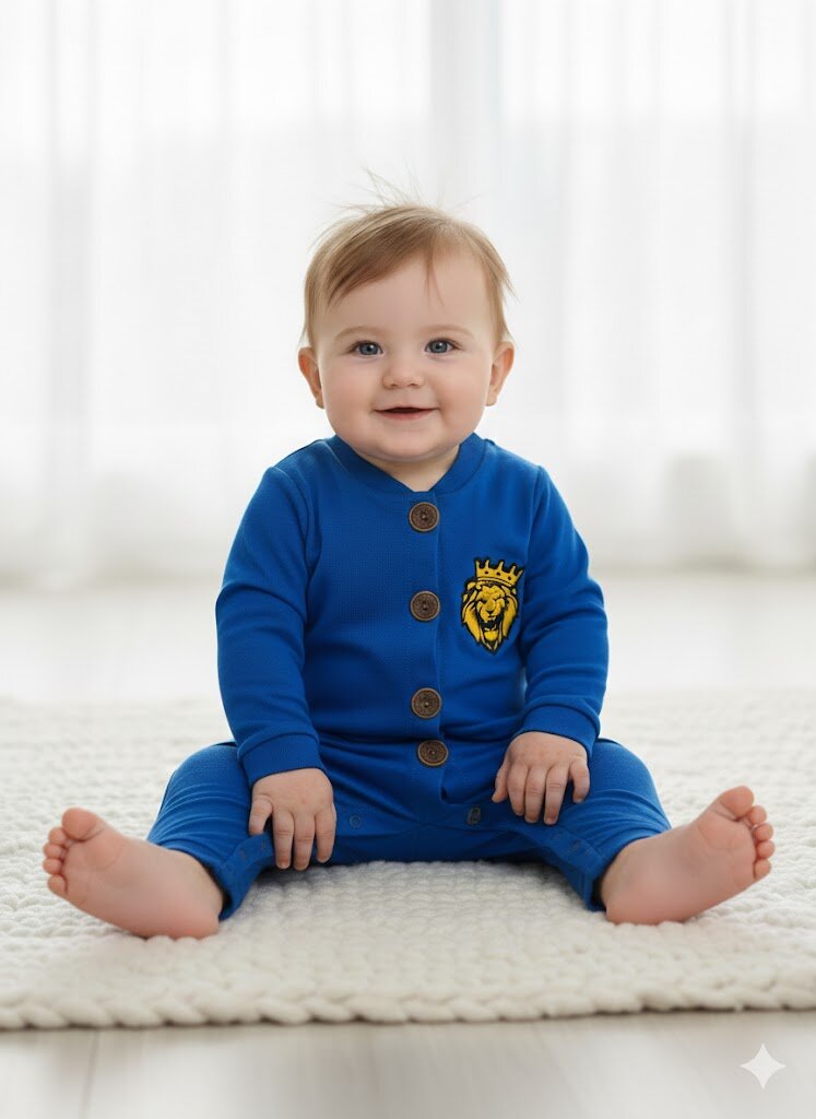 Pamuklu Aslan Detaylı Düğmeli Erkek Bebek Tulum