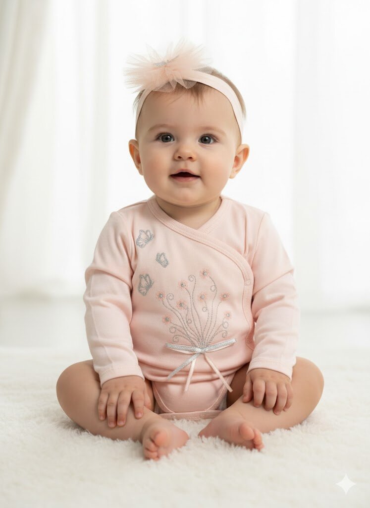 Pamuklu Kelebek Nakışlı Kız Bebek Zıbın 2Lİ Takım