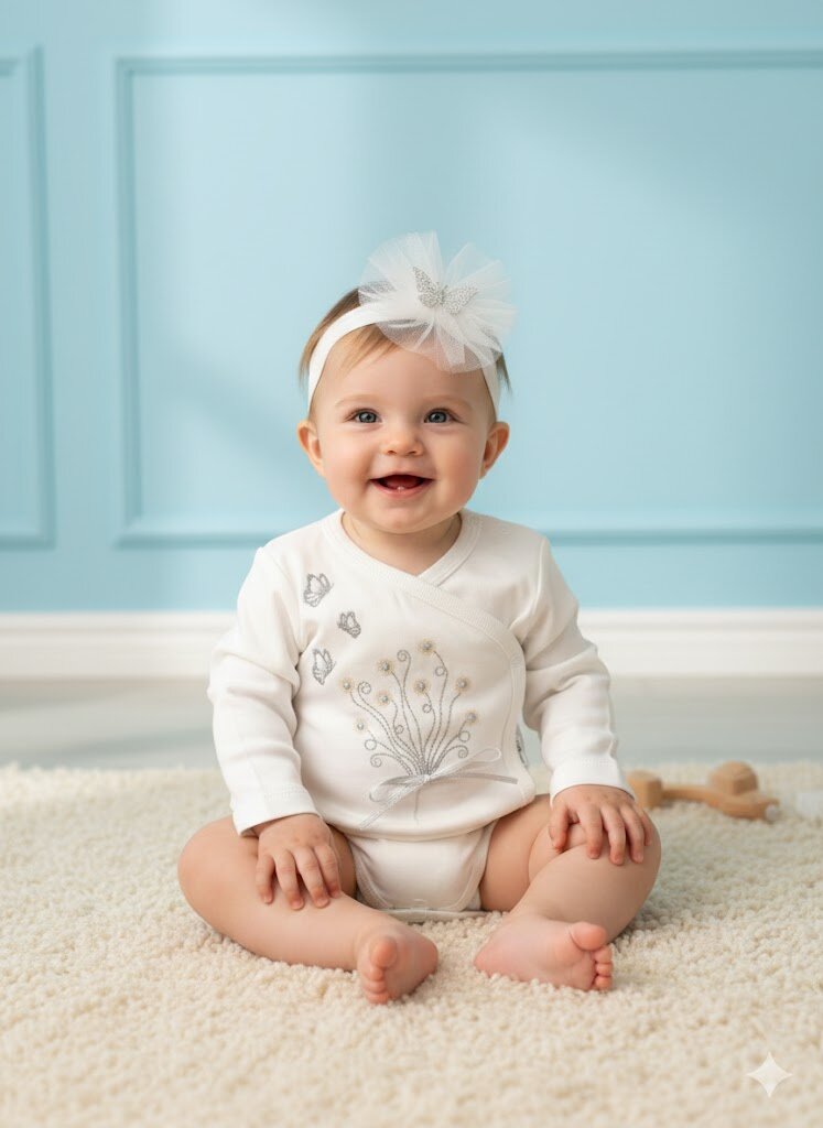 Pamuklu Kelebek Nakışlı Kız Bebek Zıbın 2Lİ Takım