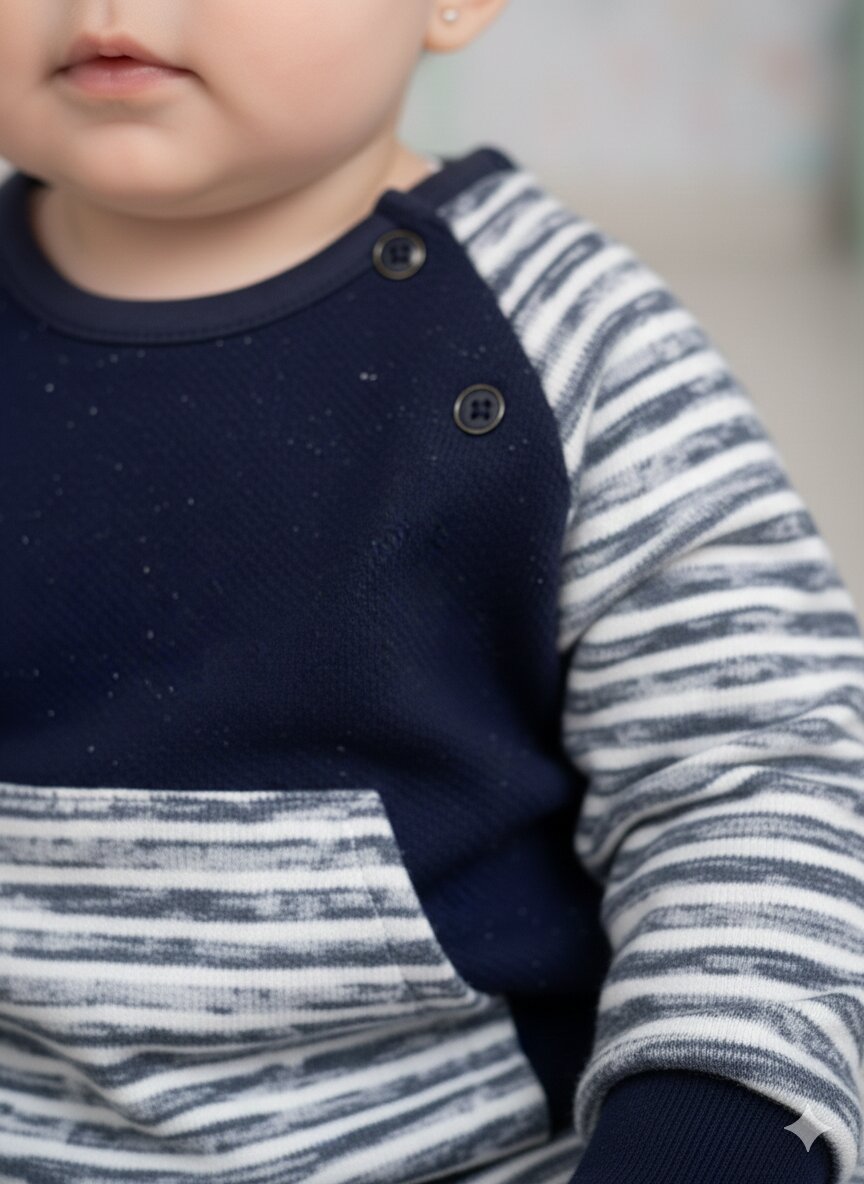 Pamuklu Çizgili Kanguru Cepli 2li Erkek Bebek Takım - Görsel 3