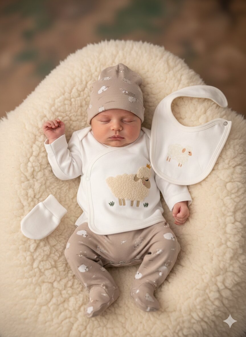 Yenidoğan Sevimli Kuzu Desenli 5li Hastane Çıkış Seti