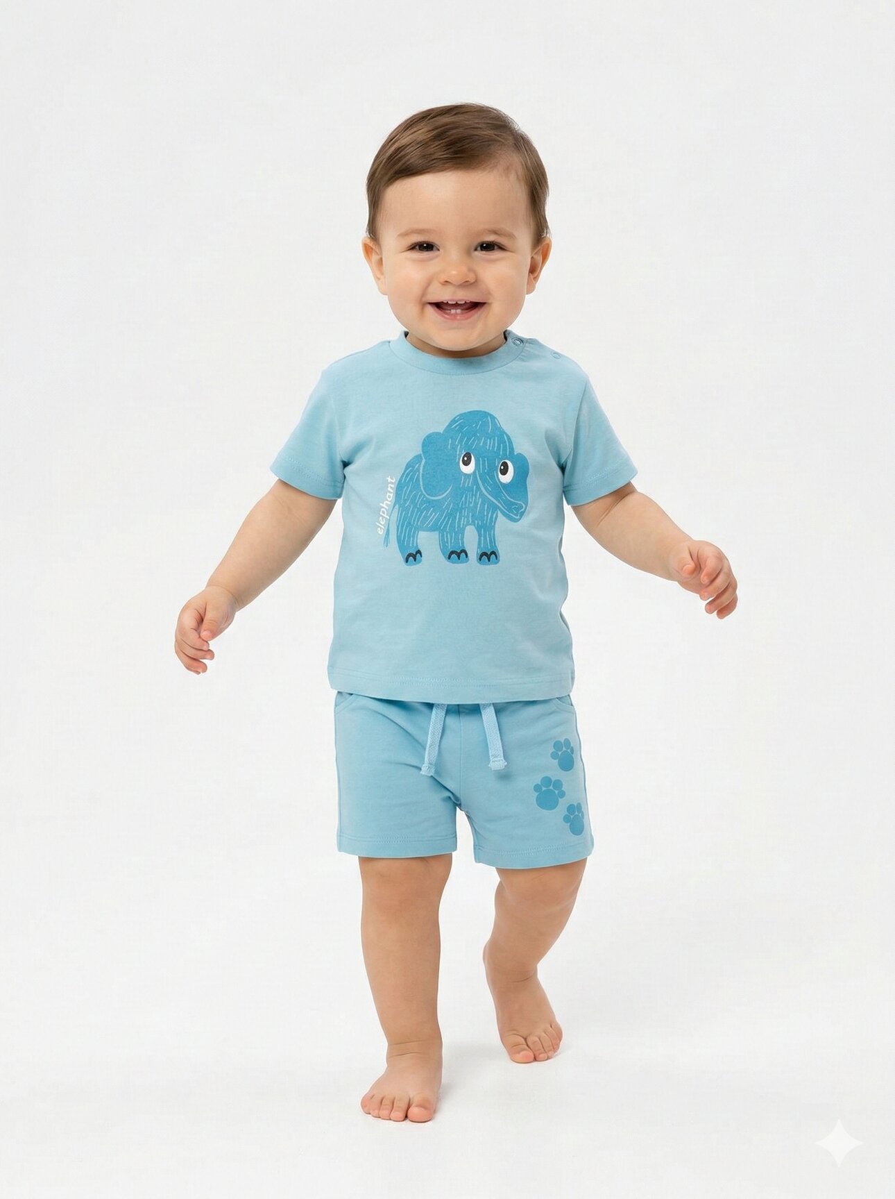 Pamuklu Sevimli Fil Detaylı Şortlu Erkek Bebek 2li Takım
