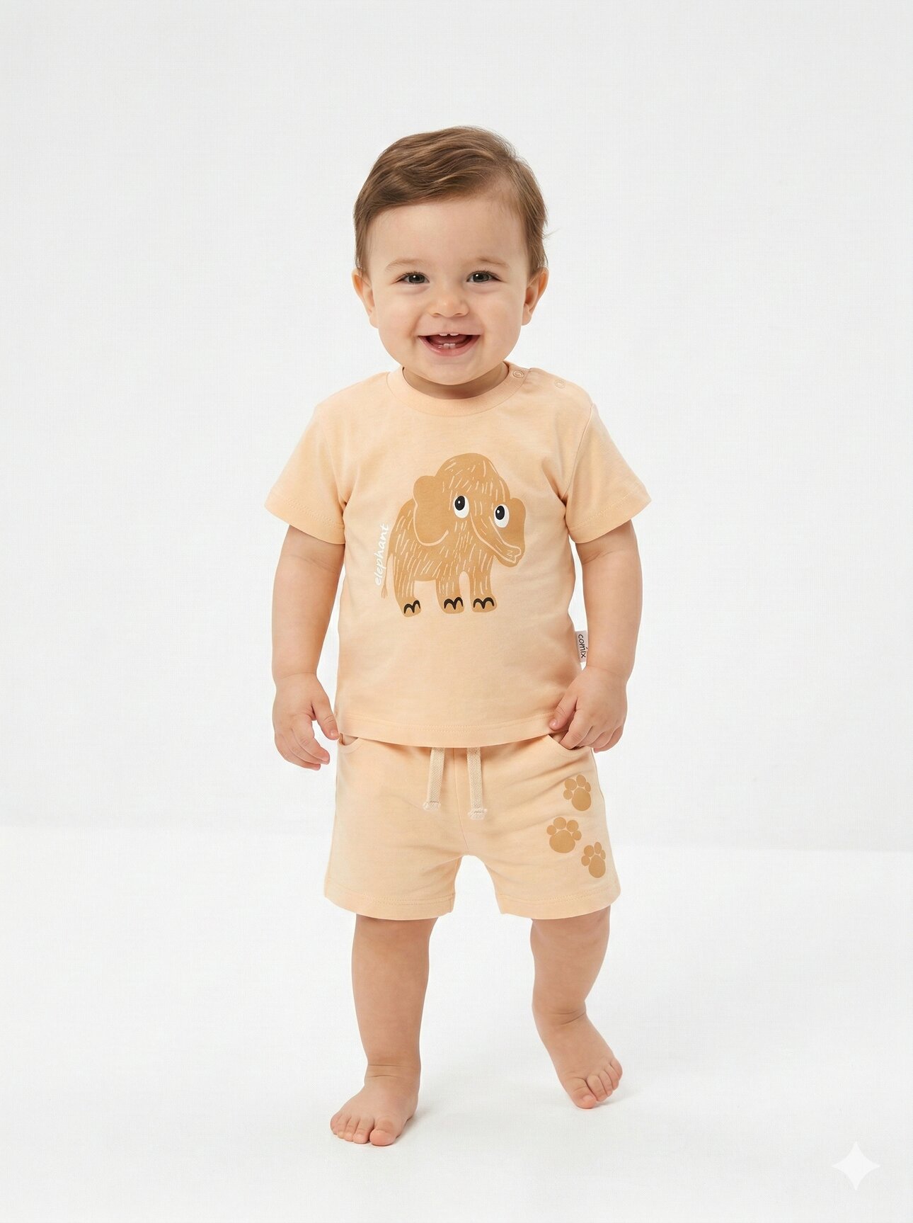 Pamuklu Sevimli Fil Detaylı Şortlu Erkek Bebek 2li Takım