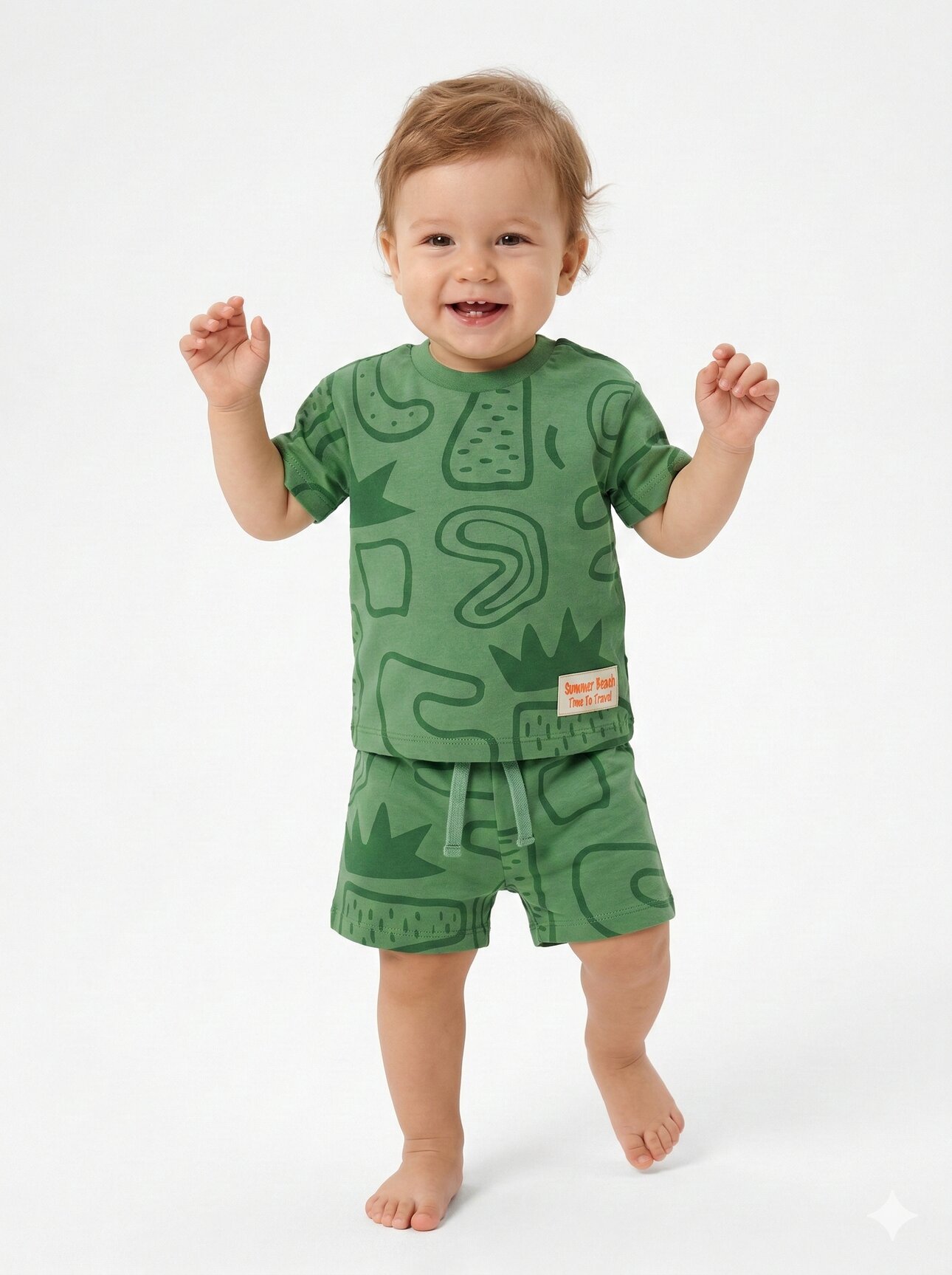 Pamuklu Sevimli Bitki Detaylı Şortlu Erkek Bebek 2li Takım
