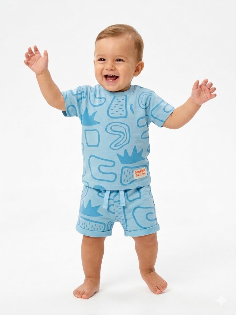 Pamuklu Sevimli Bitki Detaylı Şortlu Erkek Bebek 2li Takım