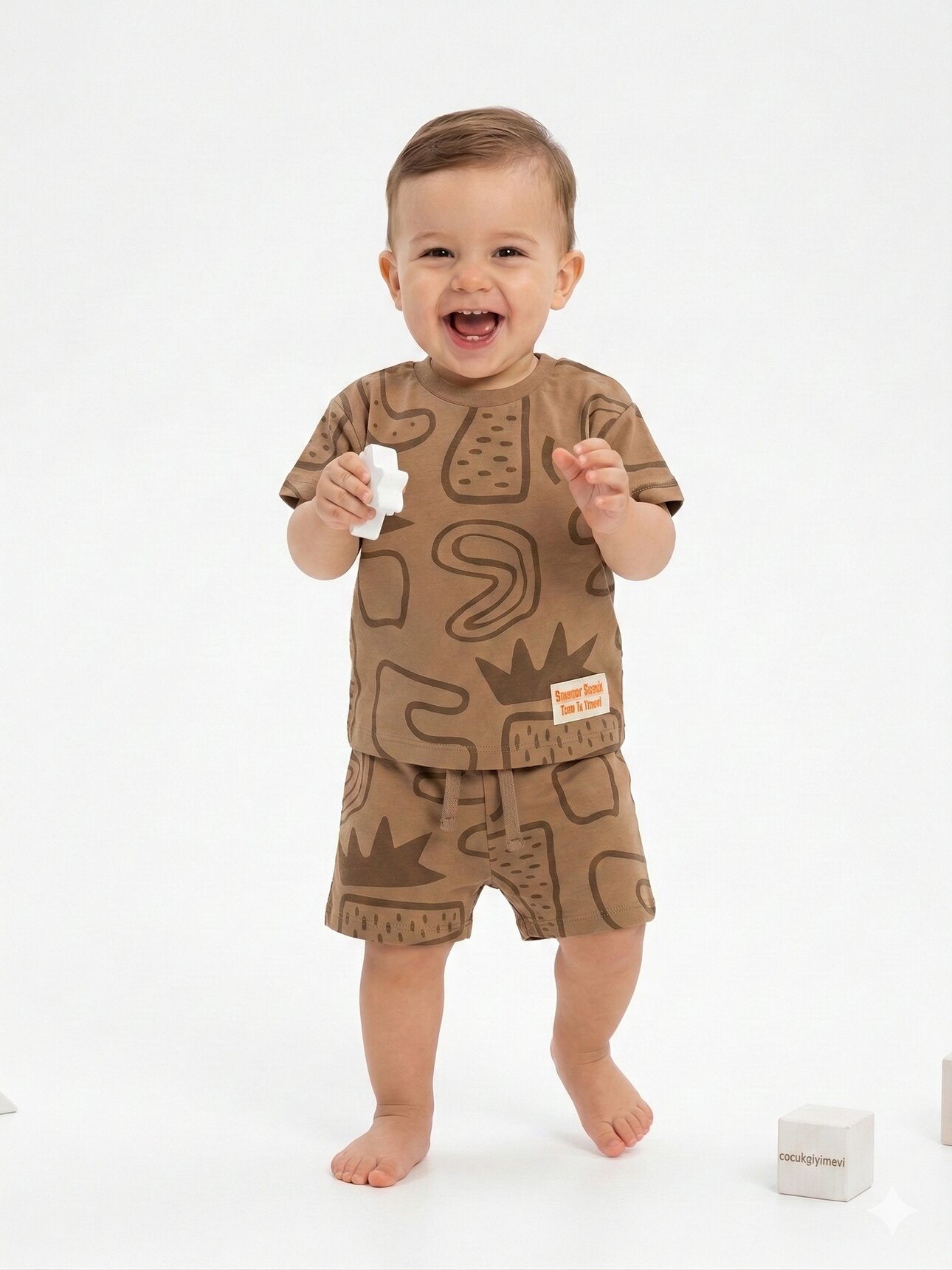 Pamuklu Sevimli Bitki Detaylı Şortlu Erkek Bebek 2li Takım