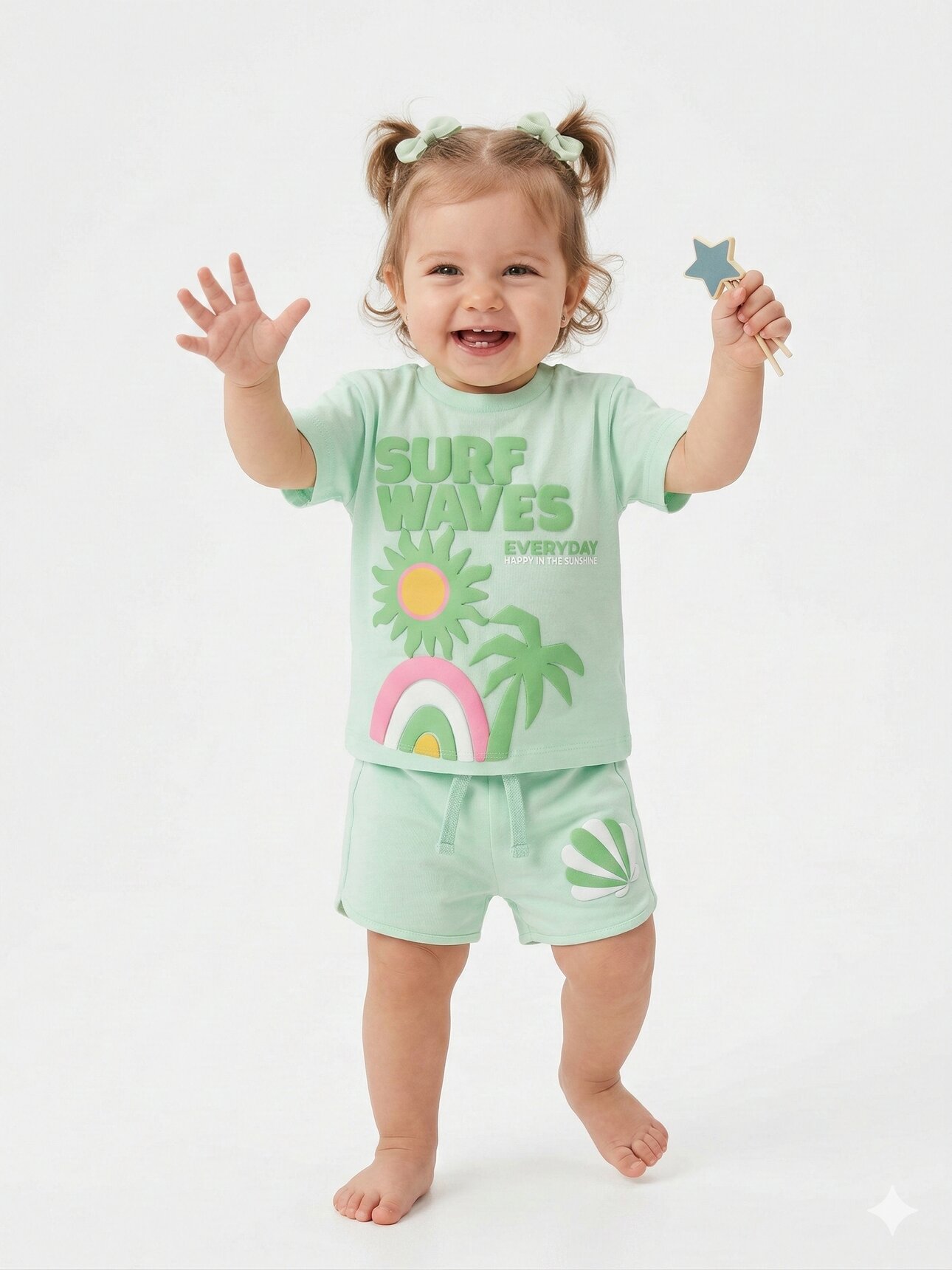 Pamuklu Yaz Temalı Palmiyeli Gökkuşaklı Kız Bebek Şortlu 2li Takım