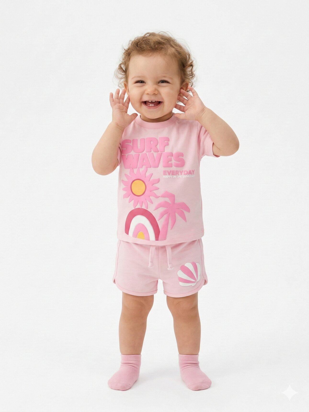 Pamuklu Yaz Temalı Palmiyeli Gökkuşaklı Kız Bebek Şortlu 2li Takım