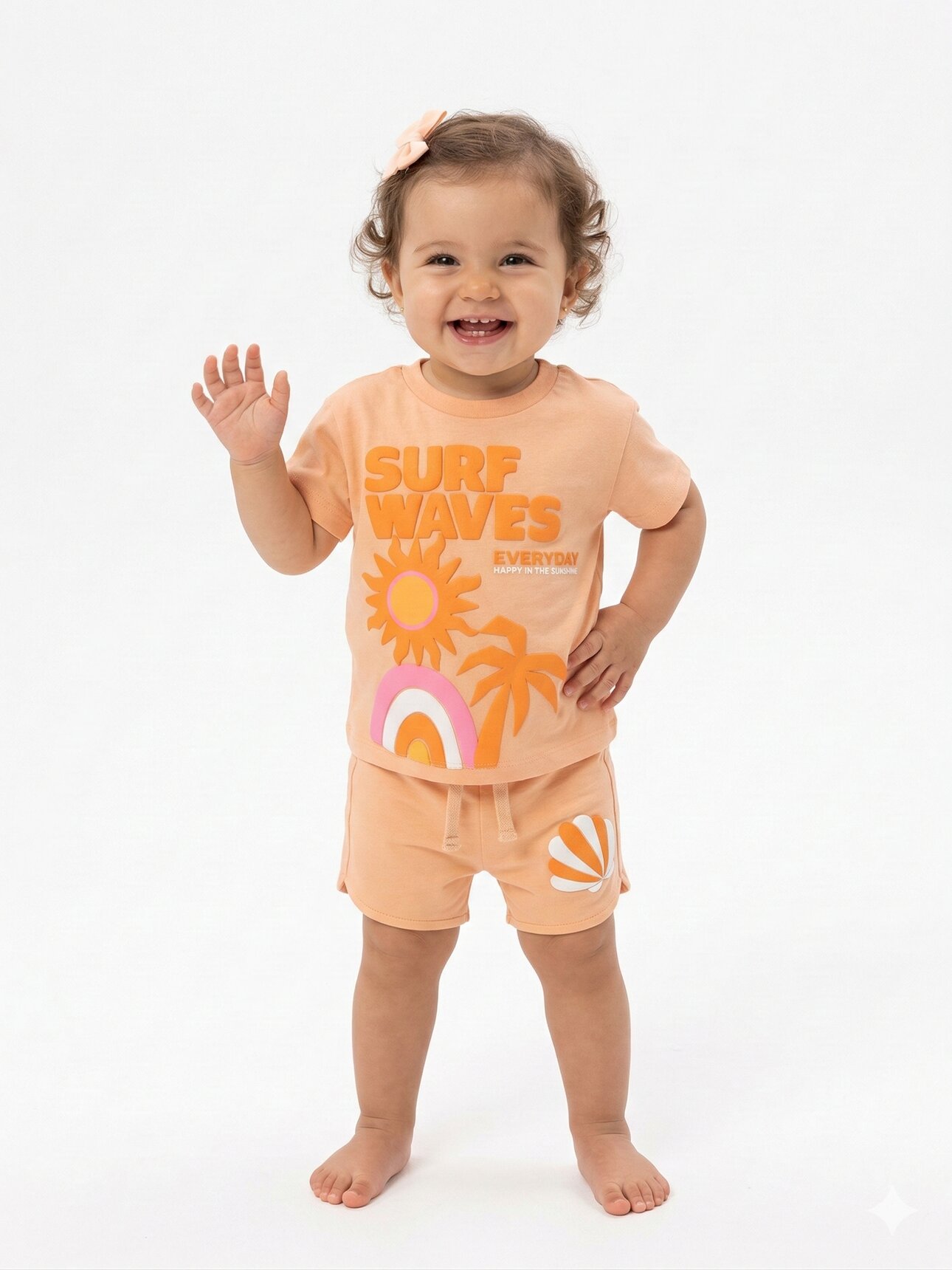 Pamuklu Yaz Temalı Palmiyeli Gökkuşaklı Kız Bebek Şortlu 2li Takım