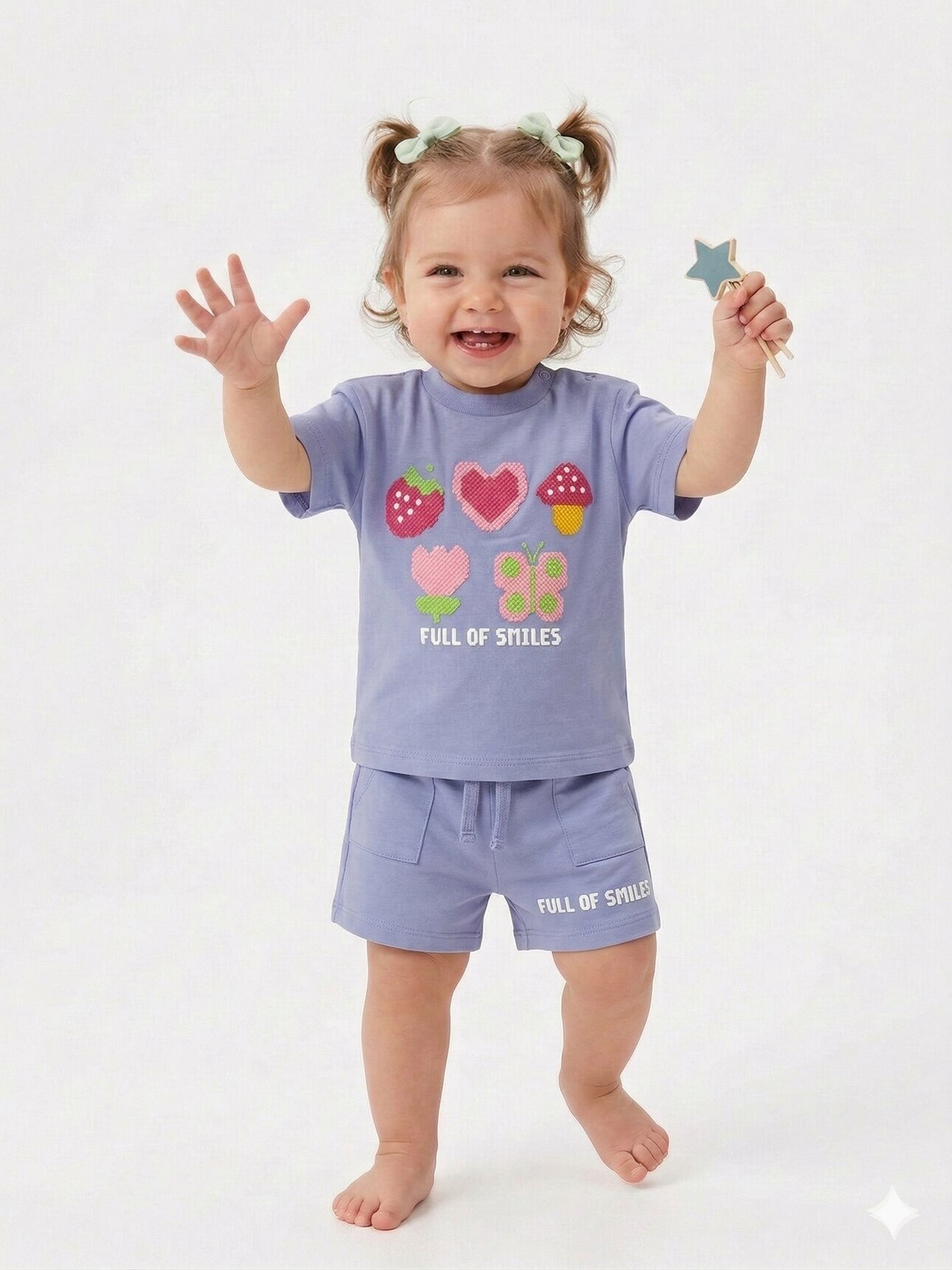 Pamuklu Çilek Desenli Cepli Kız Bebek Şortlu 2li Takım