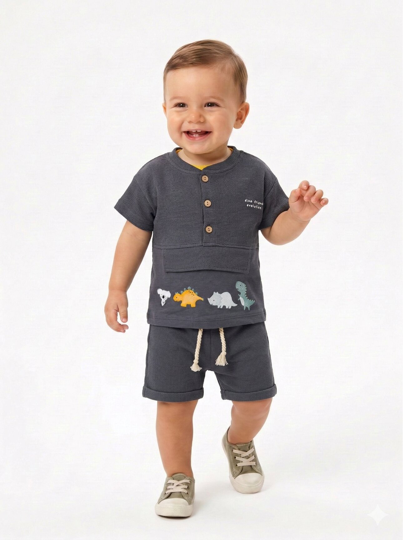 Pamuklu Dinazor Detaylı 2li Erkek Bebek Şortlu Takım