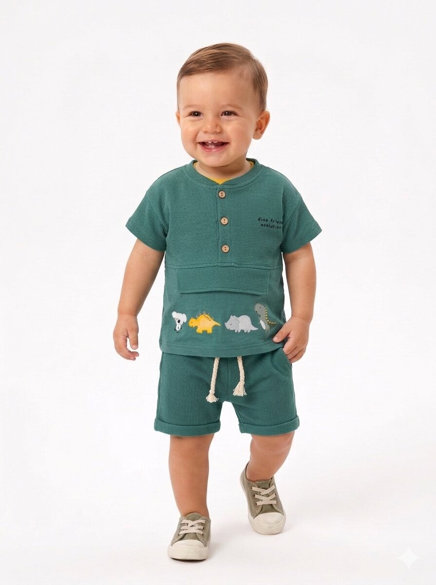 Pamuklu Dinazor Detaylı 2li Erkek Bebek Şortlu Takım