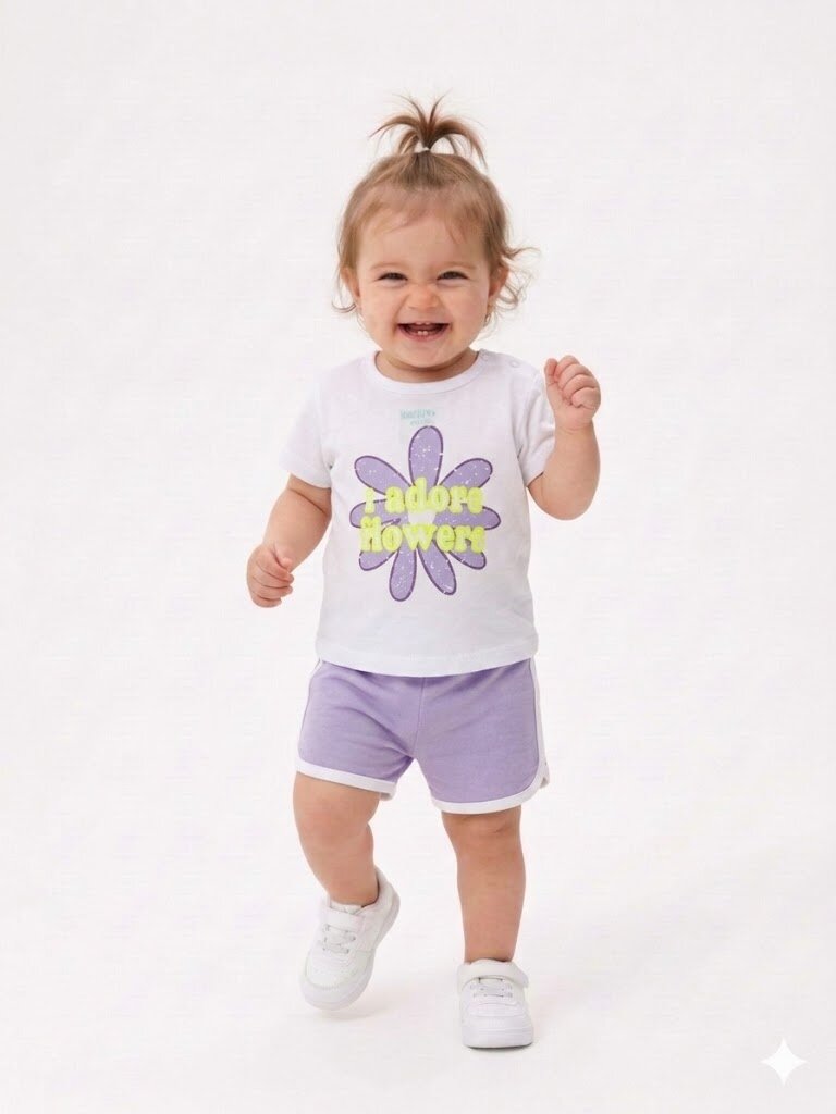 Pamuklu Çiçek Desenli 2li Kız Bebek Şortlu Takım