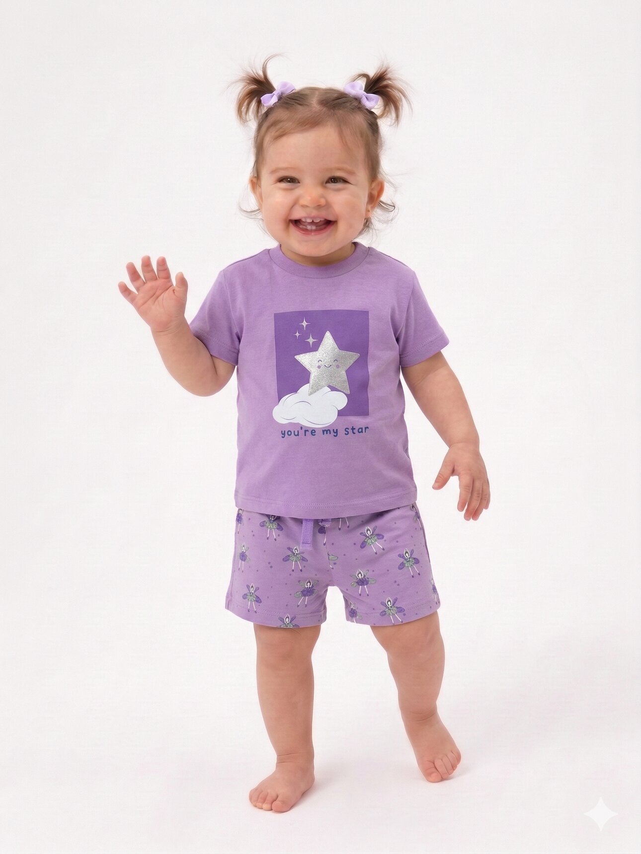 Pamuk Yıldız Desenli Kız Bebek Şortlu 2li Takım