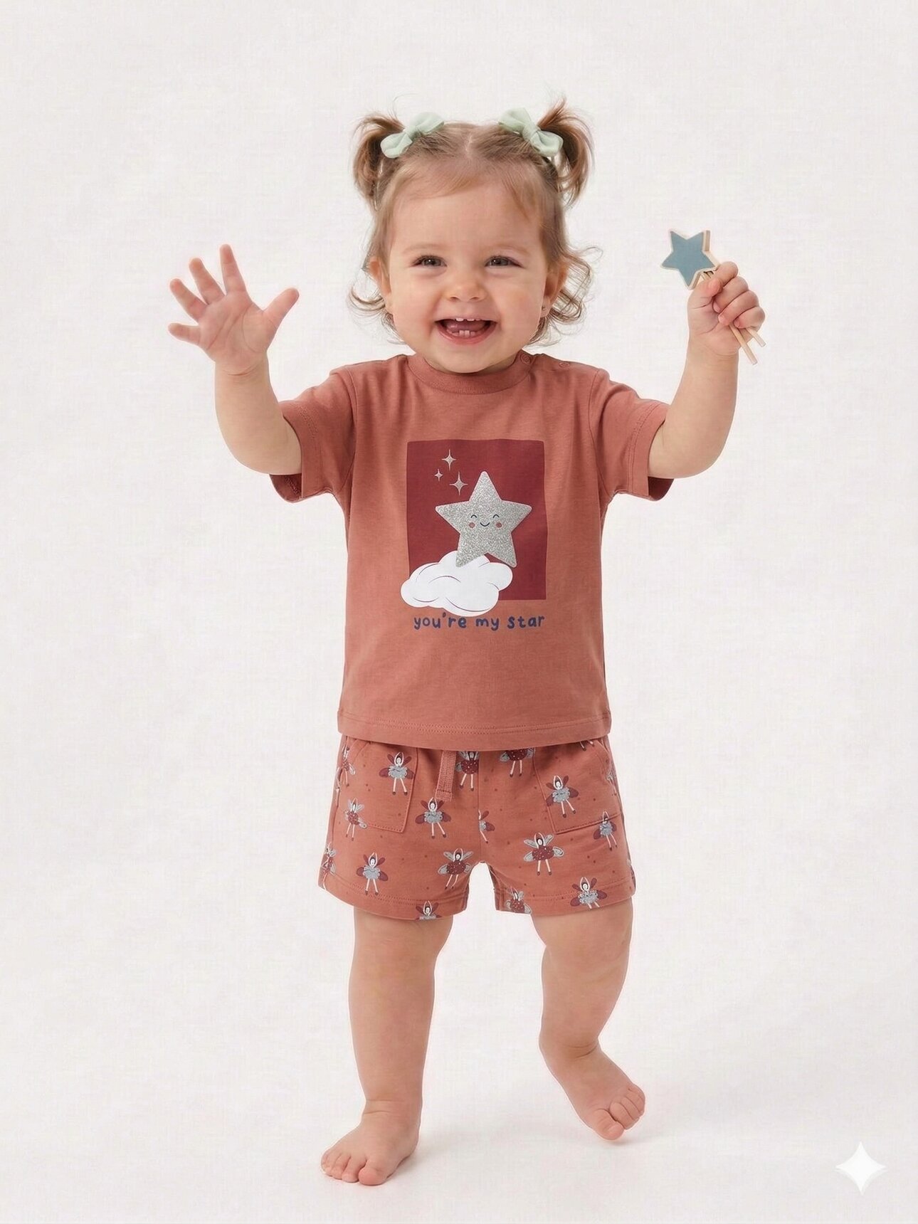 Pamuk Yıldız Desenli Kız Bebek Şortlu 2li Takım