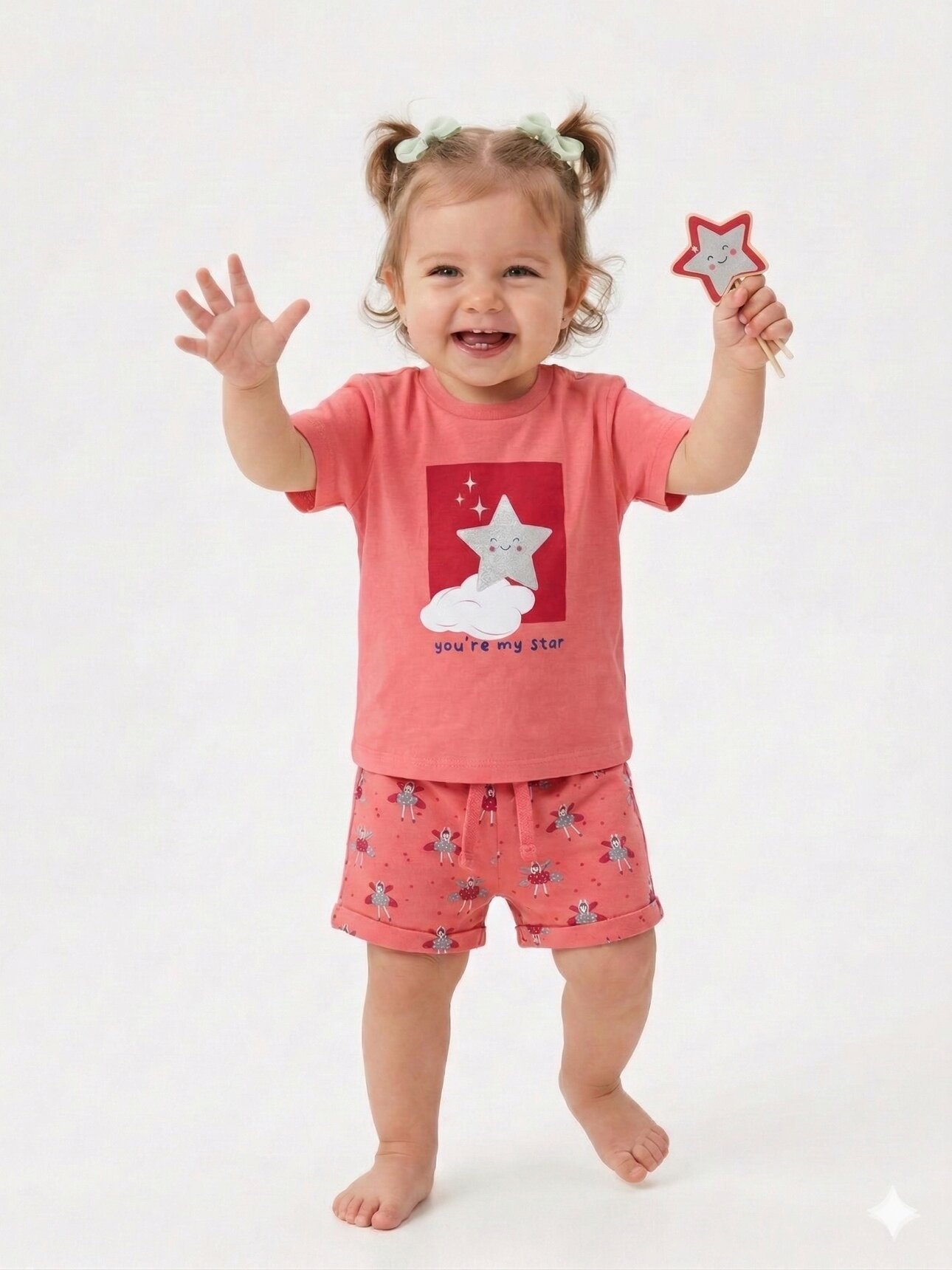 Pamuk Yıldız Desenli Kız Bebek Şortlu 2li Takım