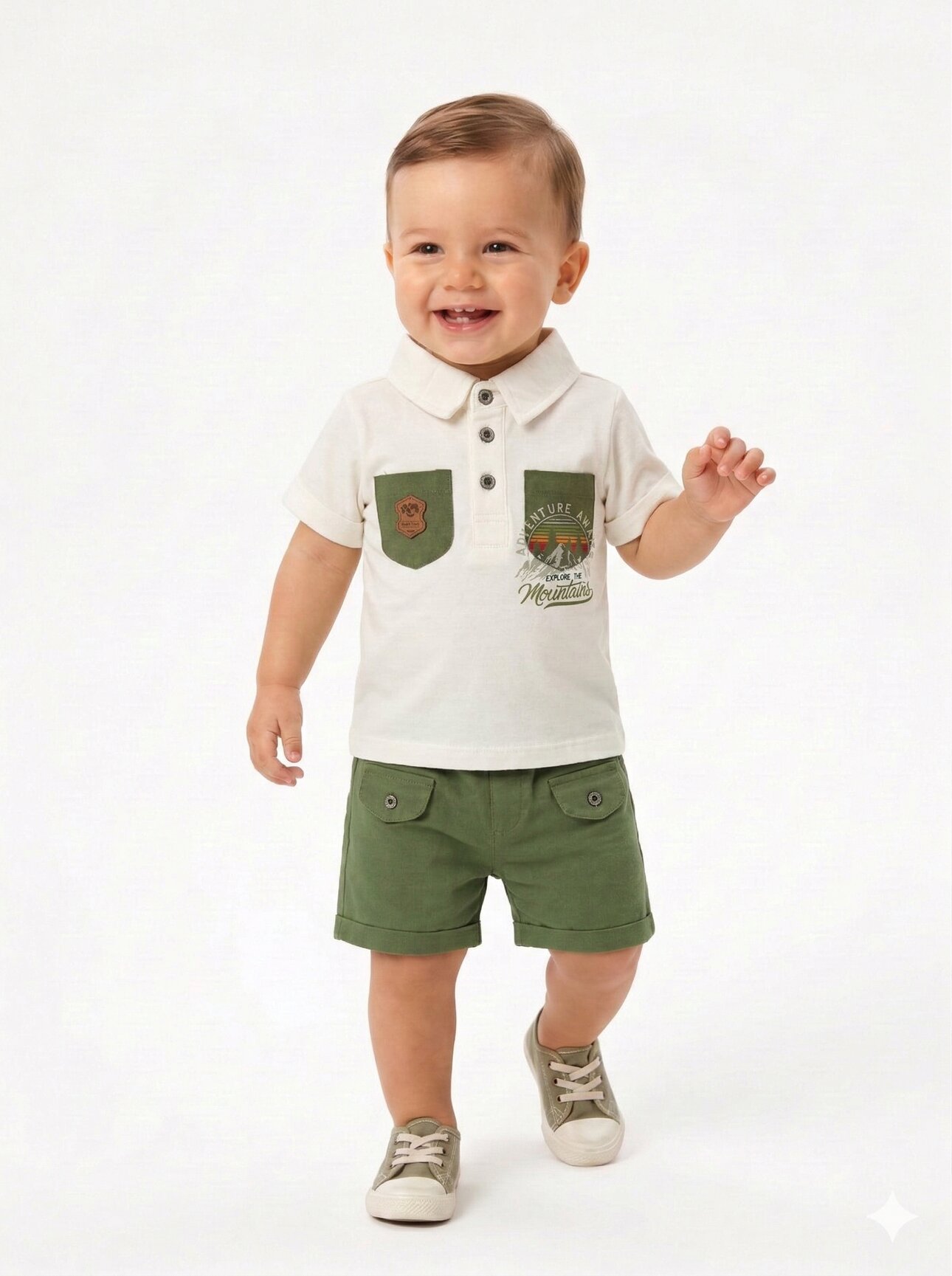 Pamuklu  Polo Yaka Cep Detaylı Erkek Bebek Şortlu Takım