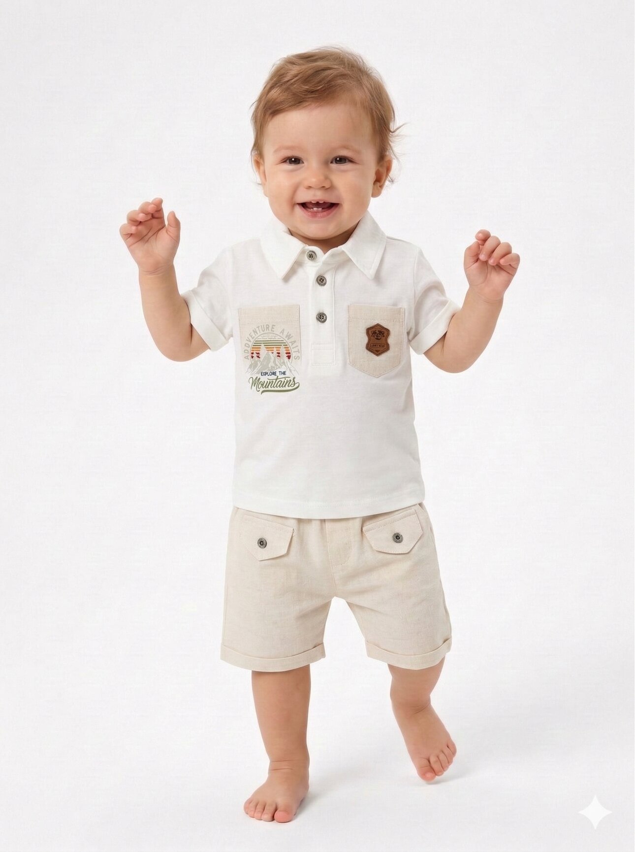 Pamuklu  Polo Yaka Cep Detaylı Erkek Bebek Şortlu Takım